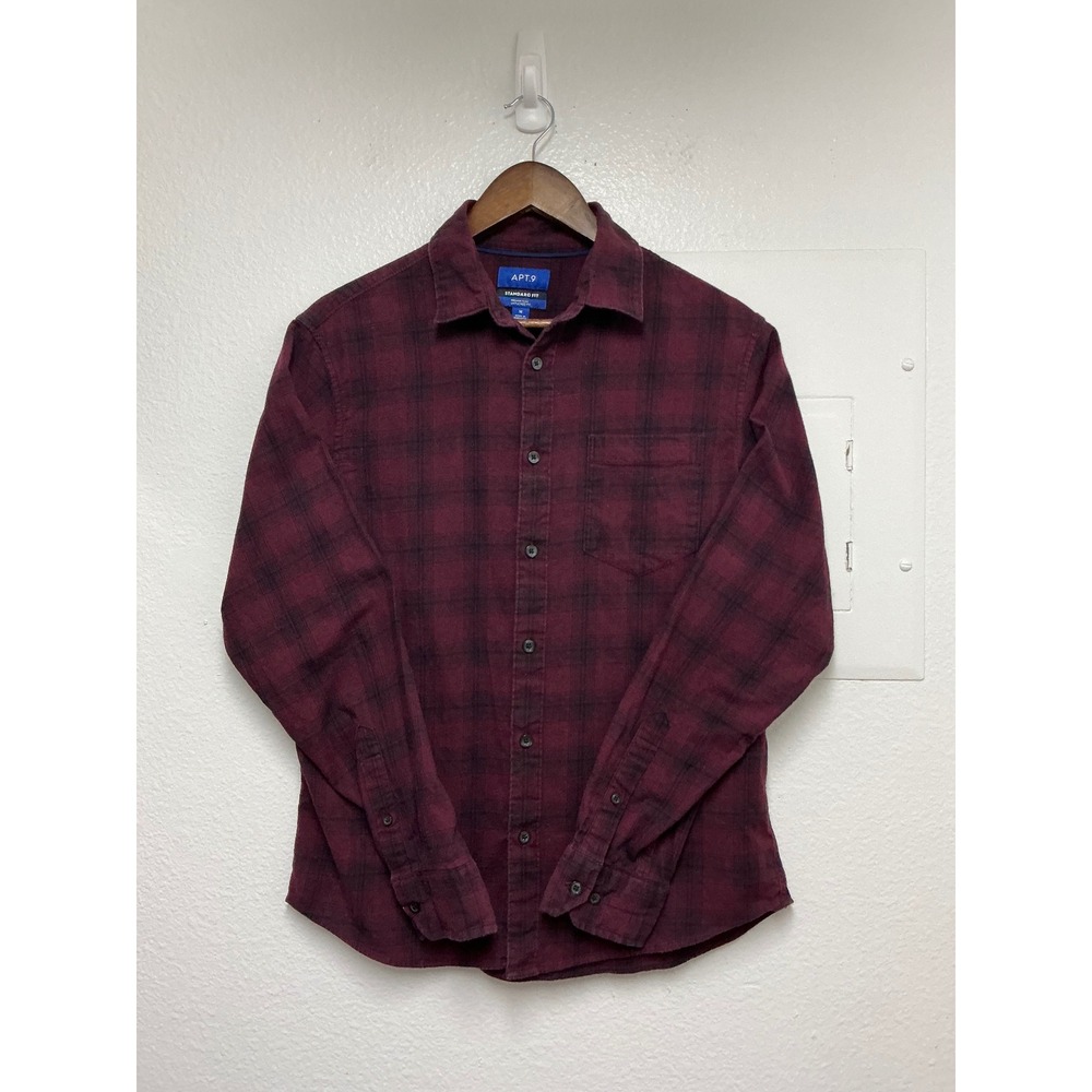 Apt 9 Mens Medium Premier Flex Untucked Fit Flannel Shirt Burgundy Black Plaid